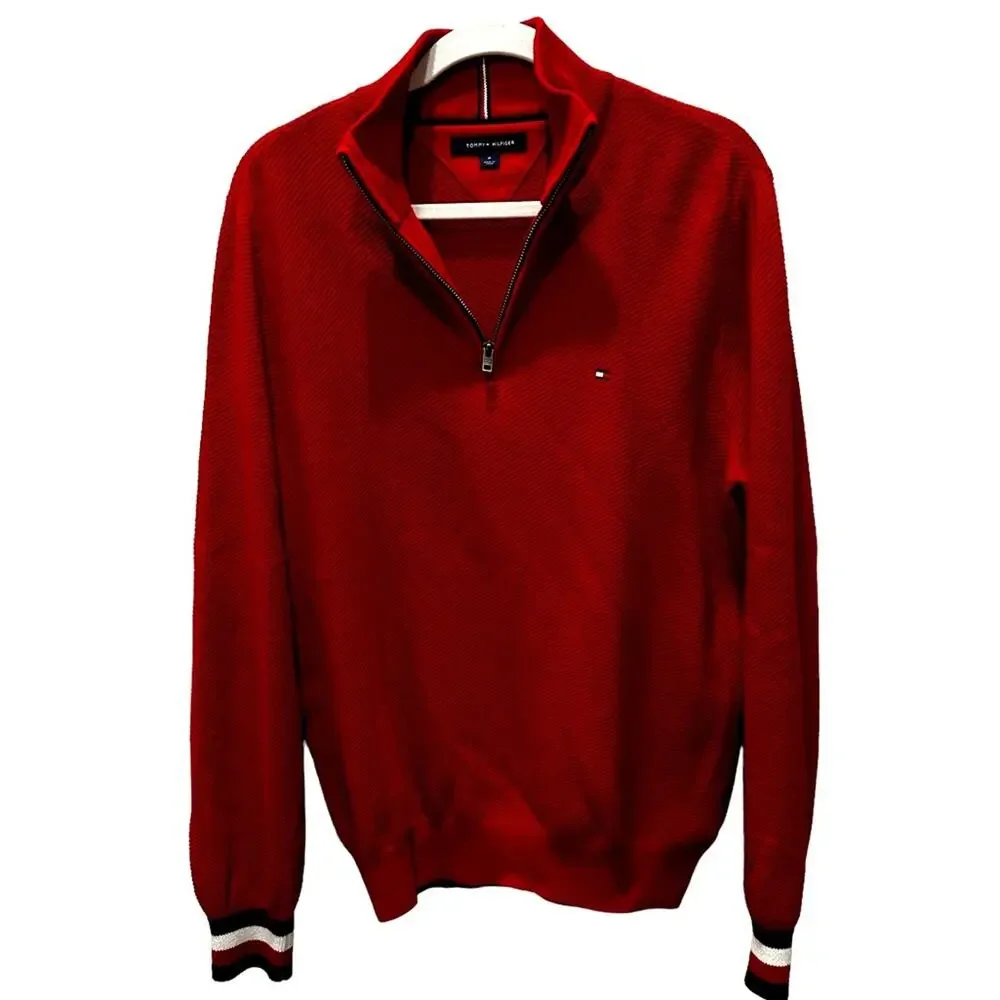 Tommy Hilfiger size Medium M red classic Henley quarter zip sweater - Picture 2 of 4
